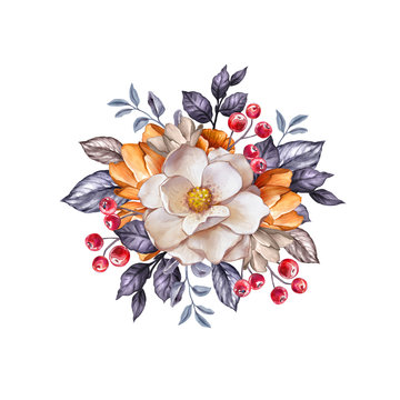 Round Floral Bouquet, Autumn Botanical Background, Watercolor Illustration, Fall Bridal Flowers, Clip Art Isolated On White