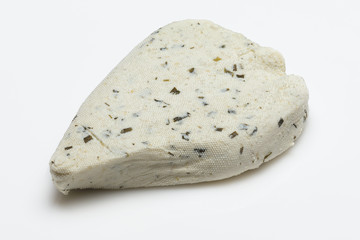 Homemade white cheese with herbs on white background