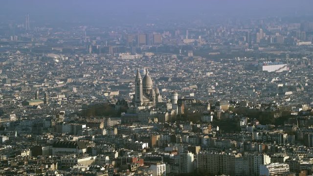  Panoramic aerial view of central Paris, with focus on Sacre Couer Basilica