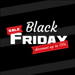 White inscription BLACK FRIDAY sale with red ribbon on black background. Design template Black Friday banner. Vector illustration