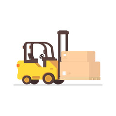 Forklift truck with boxes on wooden pallet, flat style. Vector illustration, isolated on white