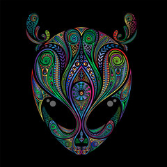 Vintage head of colored alien from patterns on a black background