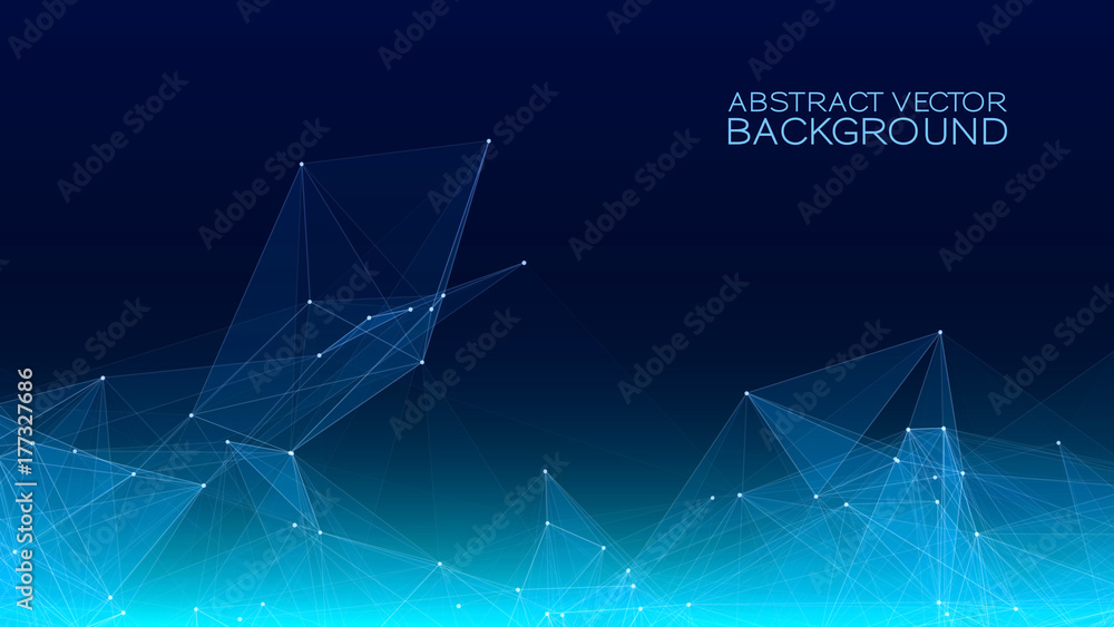 Poster vector abstract futuristic digital landscape with particles dots and stars on horizon. computer geom