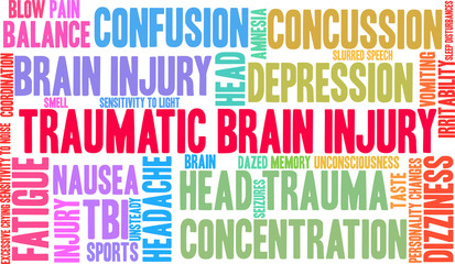 Traumatic Brain Injury Word Cloud on a white background. 