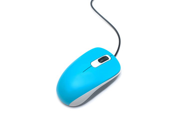 Computer Trendy Wired Mouse Blue Isolated on a White Background. Flat lay, top view