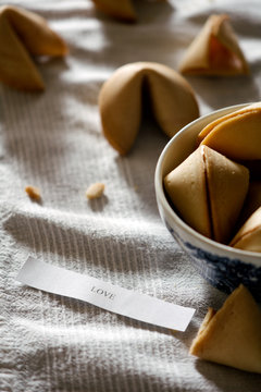 Fortune cookies with message reading "love"