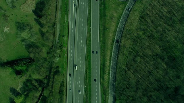  Aerial view of traffic on intersection of highways in the French countryside