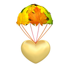 Golden heart go down on a parachute in the form of vibrant maple leaves on white background as symbol of autumn wedding season, romantic amour time. Invitation love creative concept