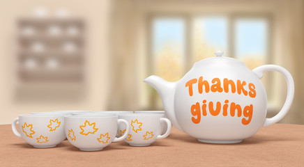 Thanksgiving day (festive creative card). White ceramic teapot with orange text and tea cups with yellow maple leaves on brown table on blurred background as traditional family dinner