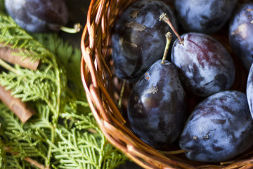 Purple organic plums on dark wooden table.