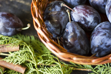 Purple organic plums on dark wooden table.
