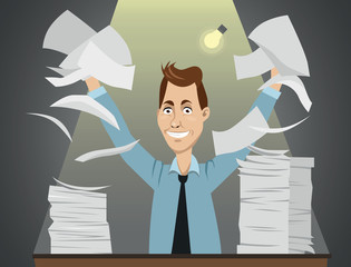 Funny happy vector cartoon character - office worker sitting behind the table with a lot of paperwork