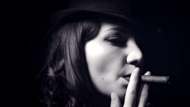 4k Gagster Style Woman Smoking Cigar, b & w