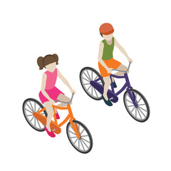 Boy and girl cyclists riding on a bicycle. Flat 3d isometric vector illustration. Brother and sister