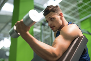 The sportsman doing biceps exercise with a dumbbell in the gym