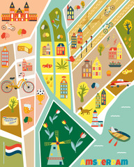 Bright poster with different elements and landmarks of Amsterdam.