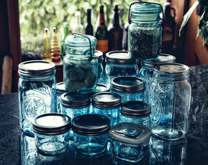 jars on the counter in the kitchen for saving stuff