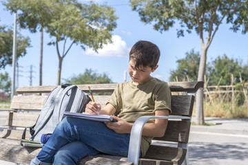 Fototapeta premium Portrait of a teenager boy sitting doing his homework