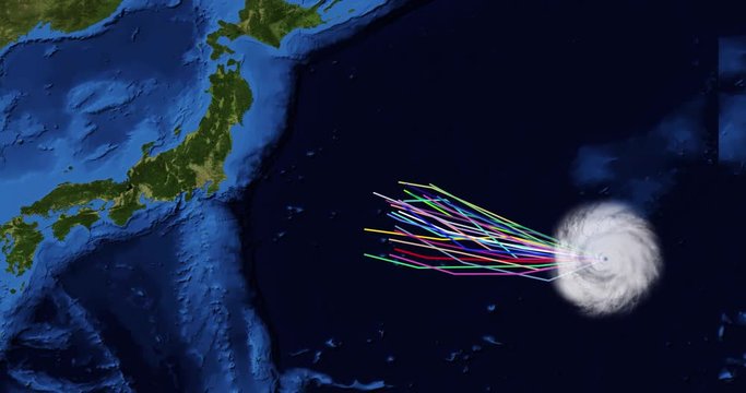Spaghetti plot of a hurricane with landfall at northern Japan. Two versions: zoom/no zoom. Data: USGS/NASA Landsat