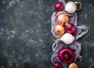 Various type of onions on green background. 