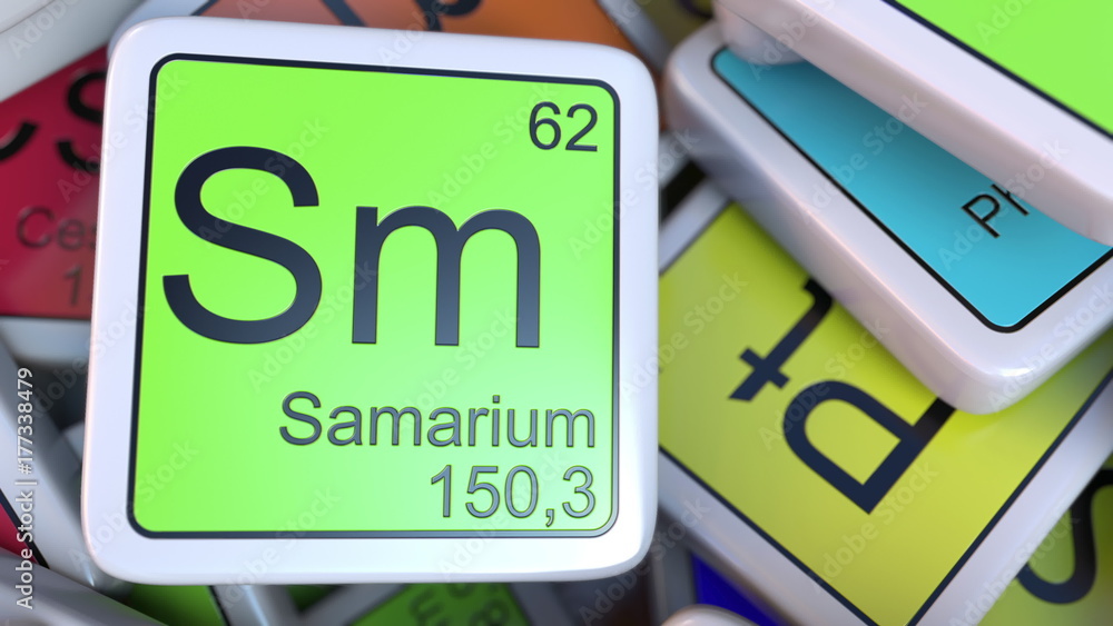 Poster samarium sm block on the pile of periodic table of the chemical elements blocks. 3d rendering