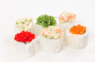 Japanese seafood sushi , six roll on a white background