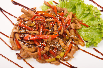 Pork in sweet and peppers vegetables, sour sauce, isolate, Japanese style meat