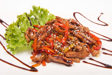 Pork in sweet and peppers vegetables, sour sauce, isolate, Japanese style meat