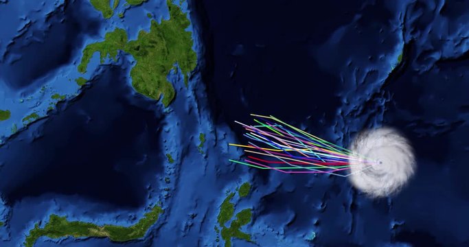 Spaghetti plot of a hurricane with landfall at the southern Philippines. Two versions: zoom/no zoom. Data: USGS/NASA Landsat