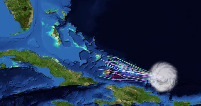 Spaghetti plot of a hurricane with landfall at Turks, Caicos and The Bahamas. Two versions: zoom/no zoom. Data: USGS/NASA Landsat