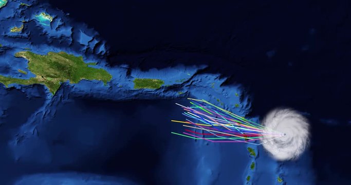 Spaghetti plot of a hurricane with landfall at Puerto Rico. Two versions: zoom/no zoom. Data: USGS/NASA Landsat