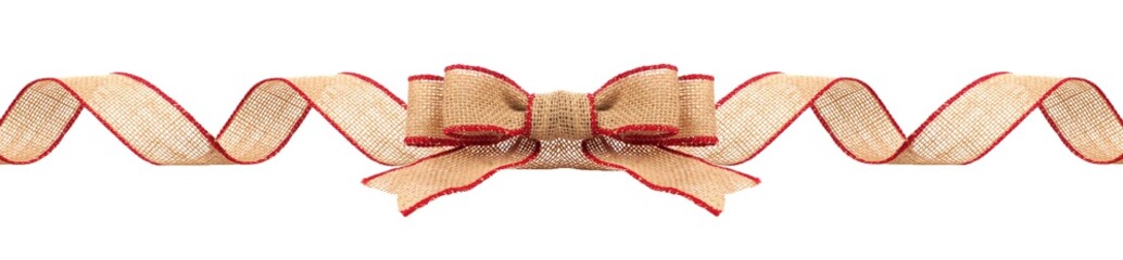 Long Christmas border with burlap bow and ribbon with red trim isolated on a white background