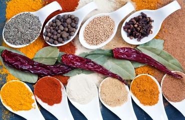 Asian spices, pepper, turmeric, bay leaf