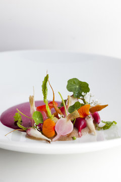 Beet Soup with Radishes, Greens, and Edible Flowers