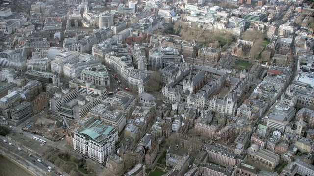  Aerial view above London's Royal Courts of Justice & surrounding area