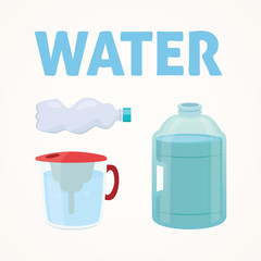 Set Plastic bottle of pure water, different bottle design vector illustration in cartoon style.