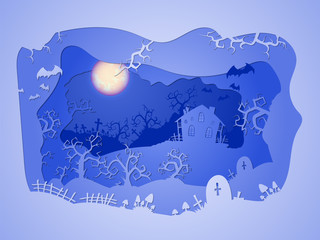 Vector Halloween illustration with house and graves . 3d layered stylization.