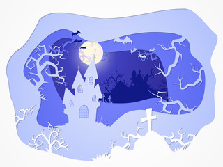 Vector Halloween illustration with castle and grave. 3d layered stylization.