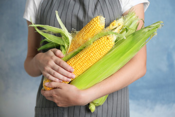 Obraz premium Woman holding fresh corn cobs on grunge background