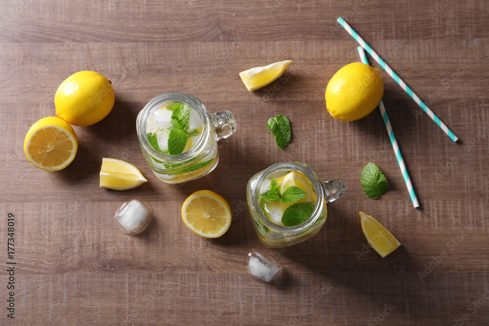 Canvas Prints mason jars with mojito cocktail on wooden background