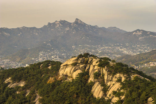 Seoul, South Korea - View from Inwangsan (Korean: ???????) towards the Bukhansan National Park (?_??????_?__?_??_?).