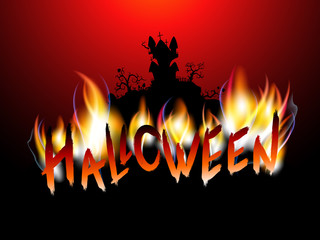 Vector Halloween illustration with burning inscription, castle and text Halloween.