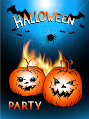 Vector Halloween illustration with flame, pumpkins head and text Party Halloween.