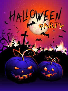 Vector Halloween illustration with flame, pumpkins head, cemetery and text.
