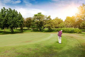 Naklejka premium Golfer using shipping shot technique. Ball in the air golf ball on the green golf on sunrise morning time.