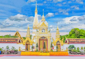 Naklejka premium Abstract soft focus the sanctuary, temple, beautiful sky cloud.The public properties at Wat Phra That Phanom, Nakhon Phanom Province, Thailand.(The Thai language mean Phra That Phanom temple)