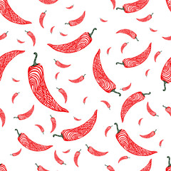 Seamless pattern with hand drawn red hot chili pepper on a white background. Vector swatch.