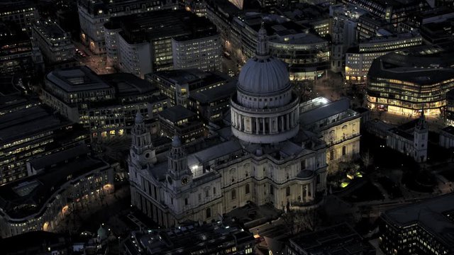  Aerial of London St. Paul's cathedral & surrounding area illuminated at night