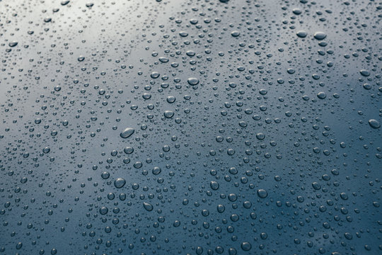 Raindrops on hood of car, close up