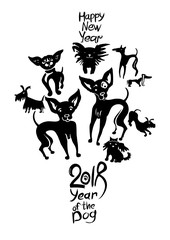 Hand drawn Dogs 2018. New Year on the Chinese calendar. Ink doodle doggies.